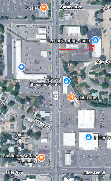 Map showing Legacy Tattoo Studio on Blue Lakes Boulevard North in Twin Falls, Idaho